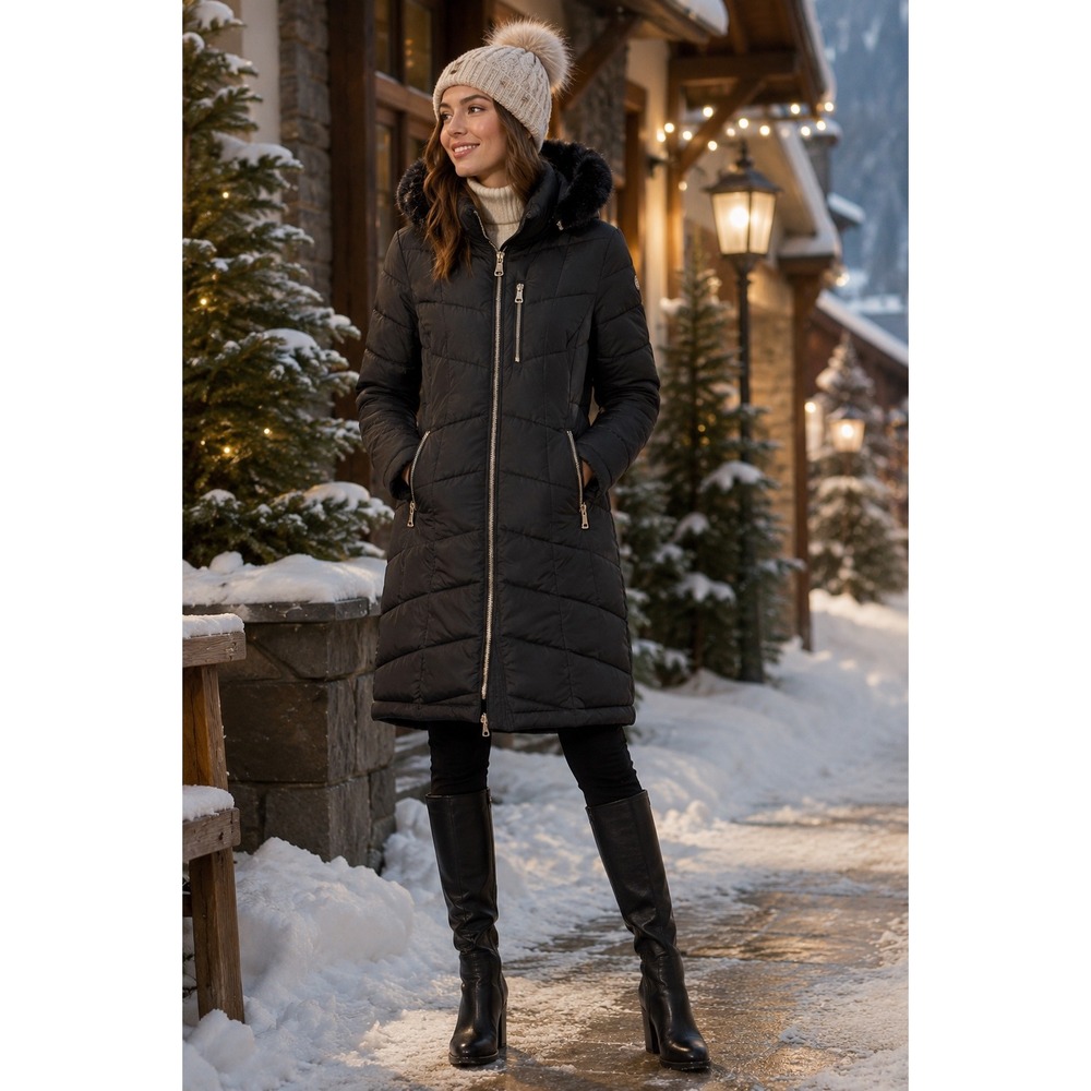 Calvin Klein Black Faux Fur Hooded Puffer Coat M Mid Length Winter Jacket